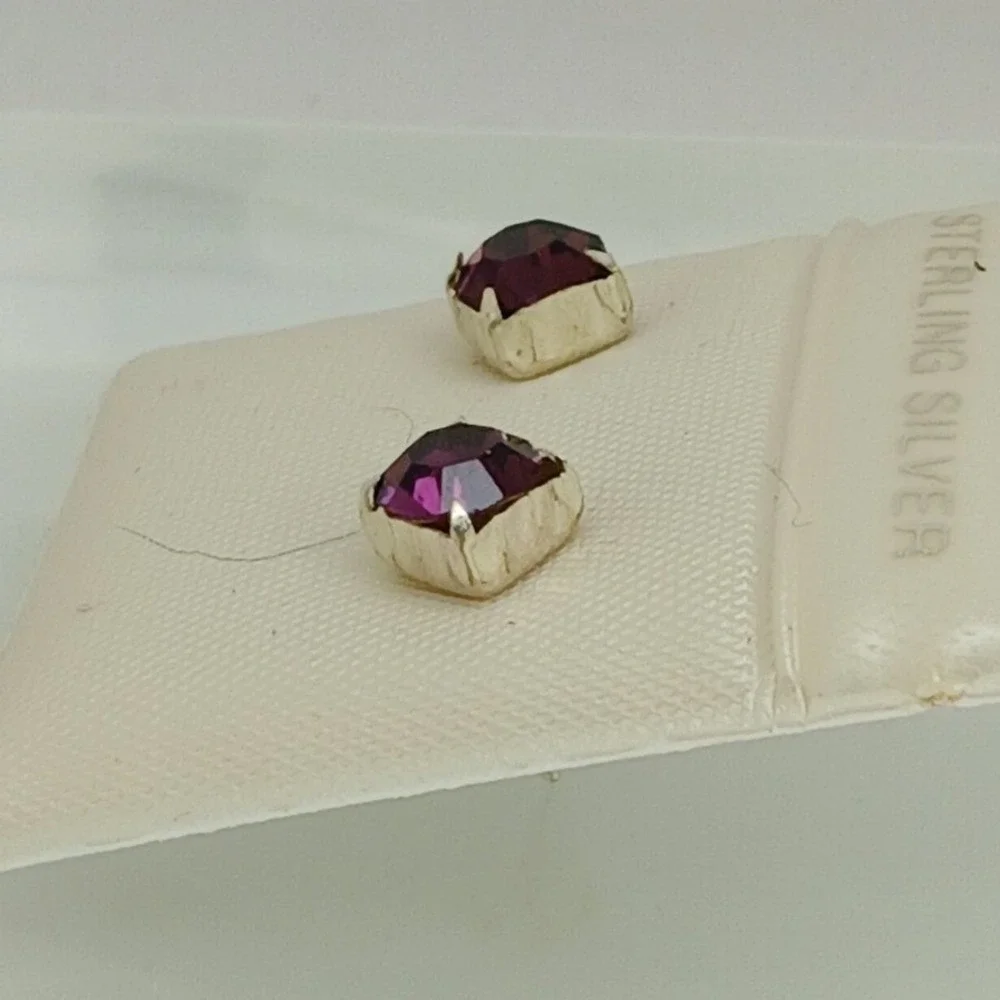 Sterling Silver Purple Crystal Stud Earrings Vintage Birthstone Jewelry February